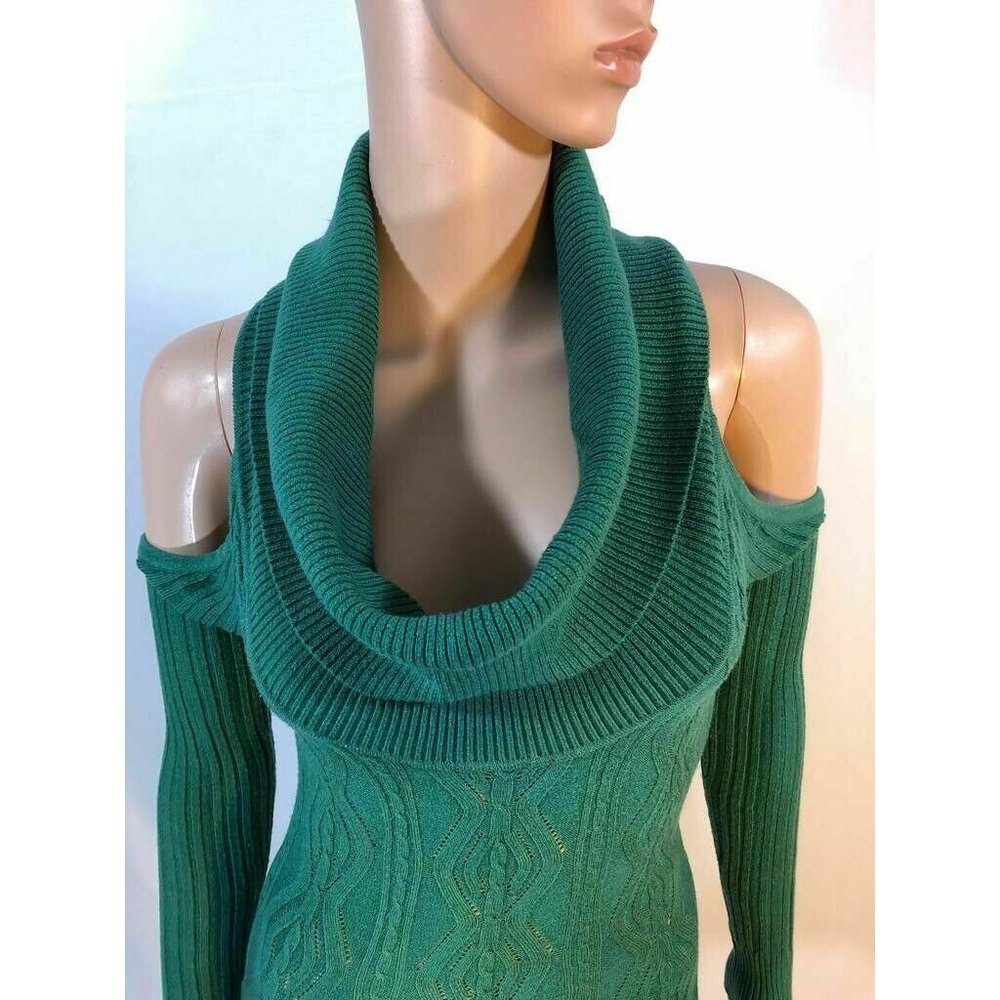 Arden B Womens Sweater Green Dress Cable Knit Cold Shoulder Cowl Neck Size XS - Picture 5 of 8